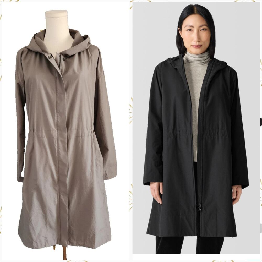 Eileen Fisher Grey Hooded Organic Cotton Recycled Nylon Drawcord Coat Sz Small
